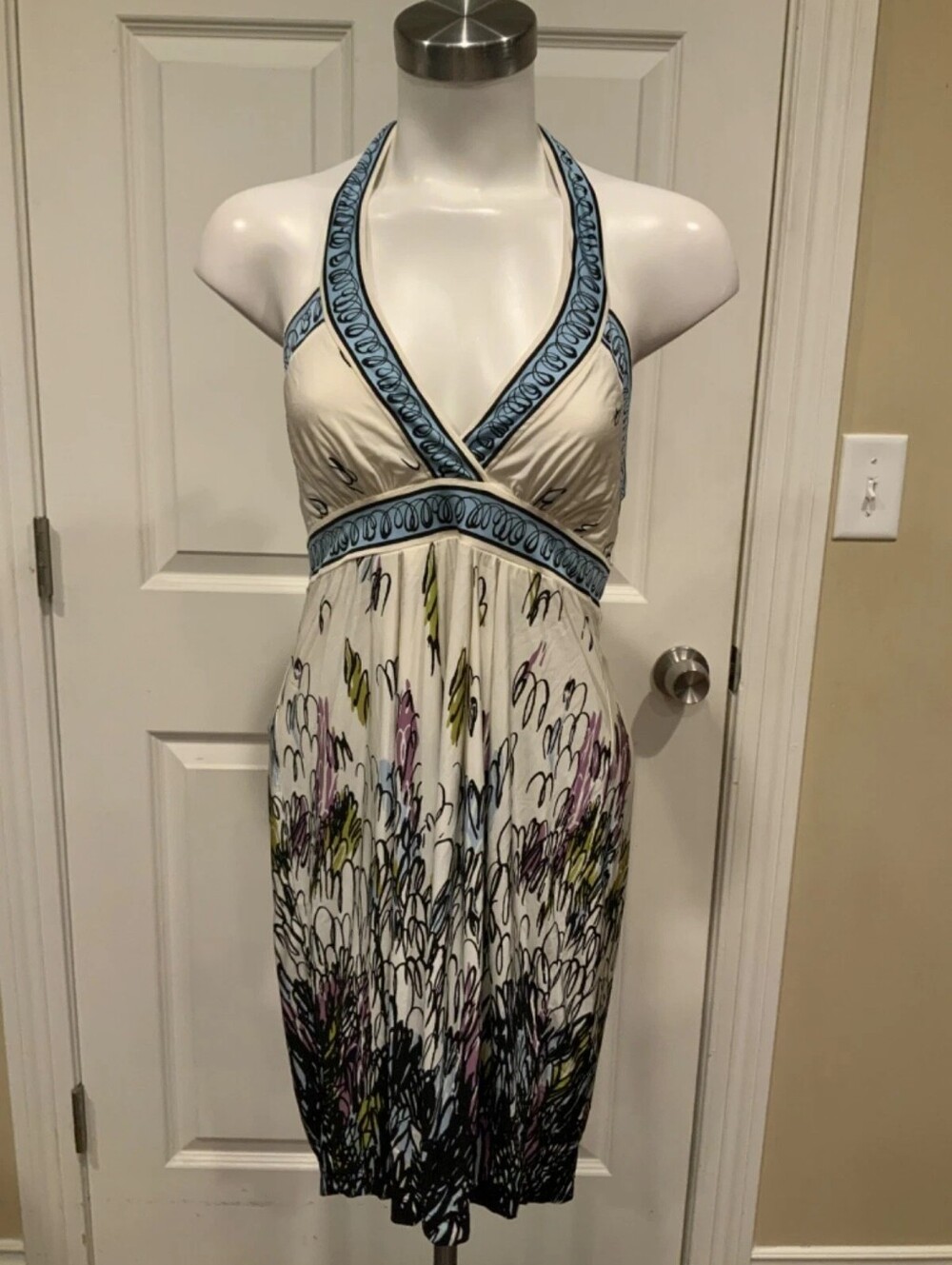 Halter Midi Dress with Blue Trim and Floral Print